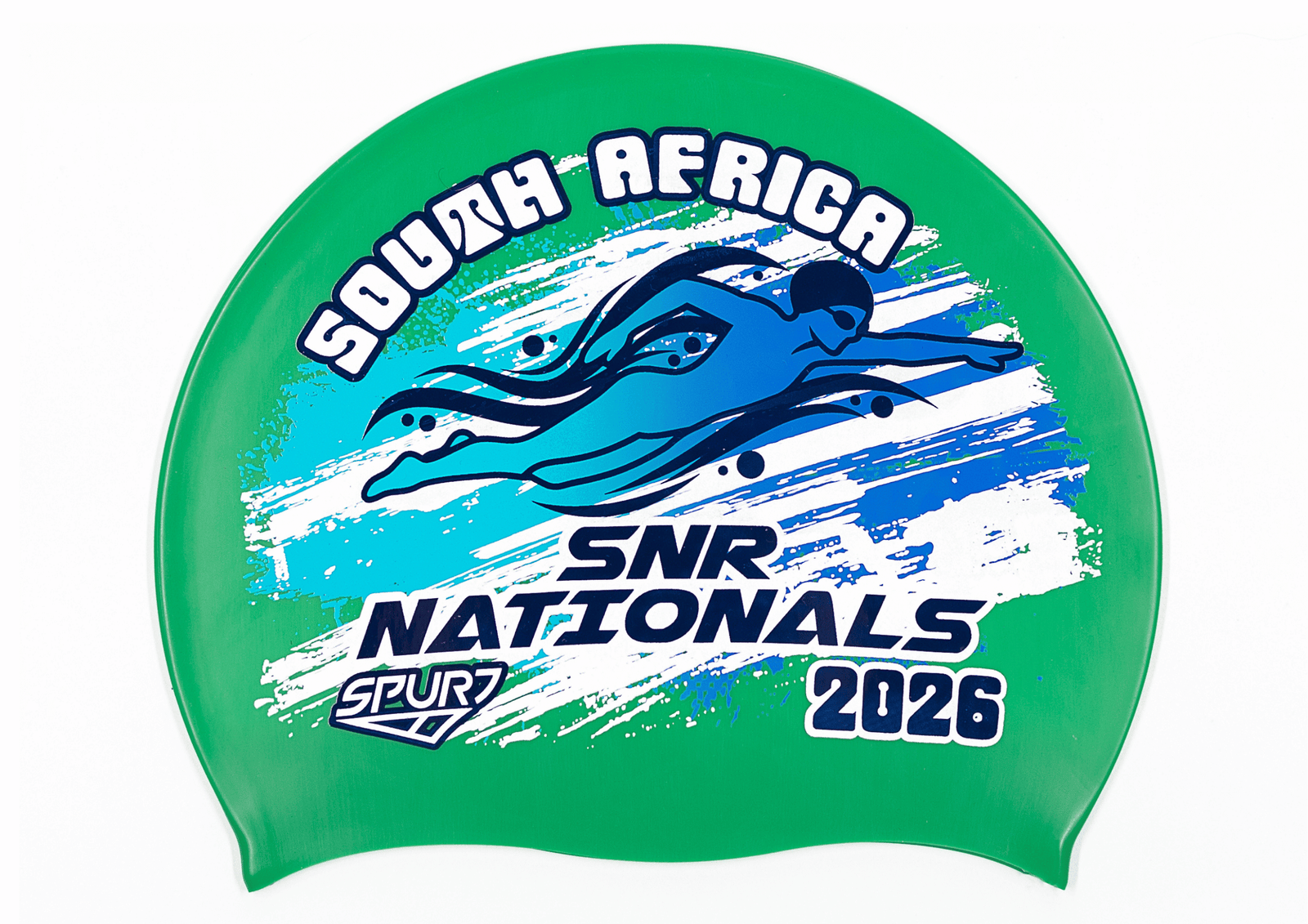 SANS 2026 in Slanted Font and Grungy Brush on F217 Mid Green  Spurt Silicone Swim Cap