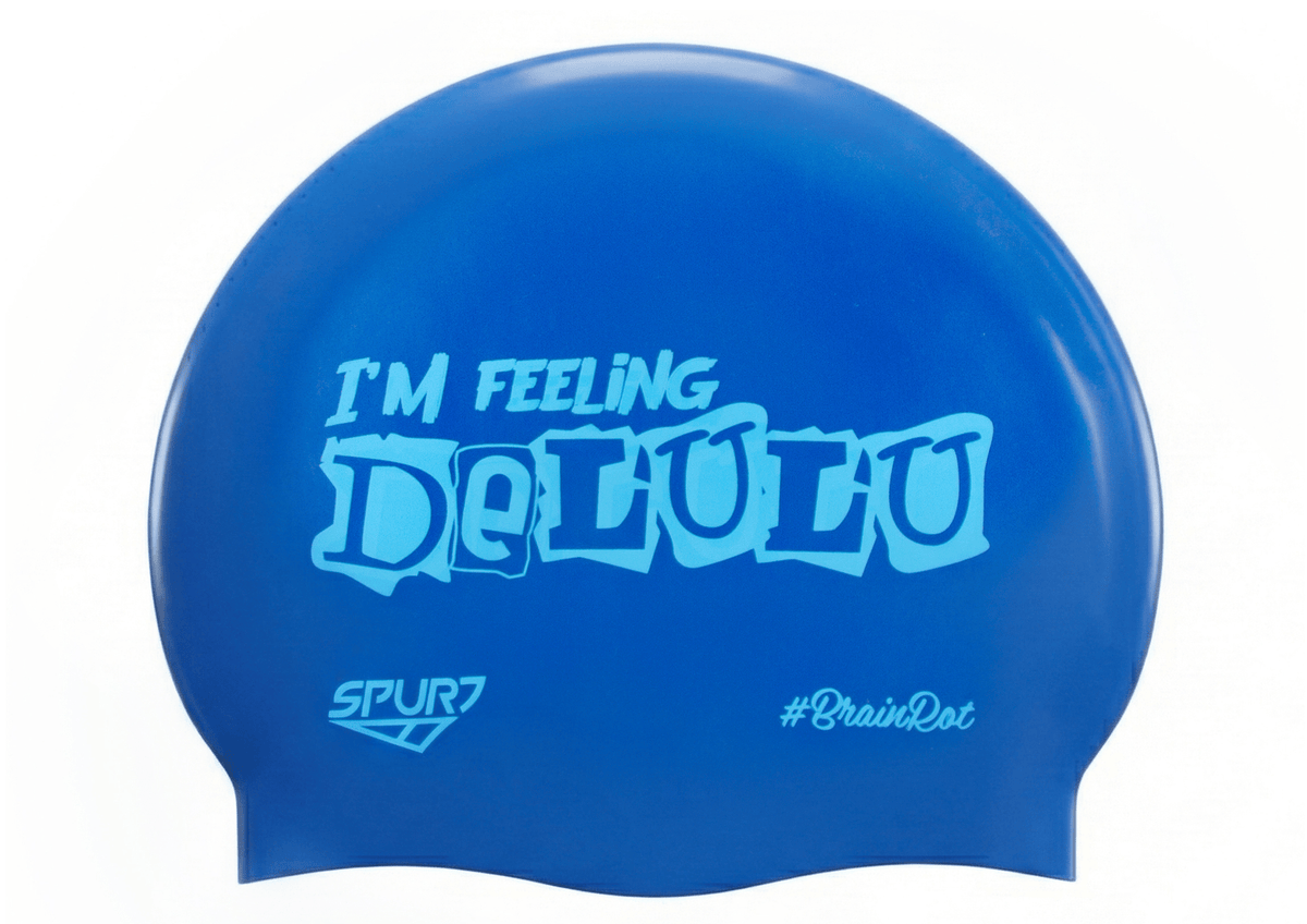 BrainRot I'm Feeling Delulu on SE25 Dark Blue Spurt Silicone Swim Cap