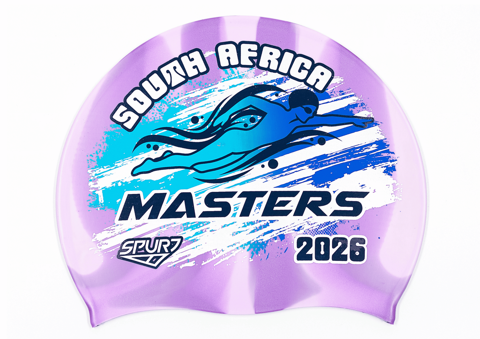 MASTERS 2026 in Slanted Font and Grungy Brush on Mi110 Violet & Light Purple Vertical Stripes Spurt Silicone Swim Cap