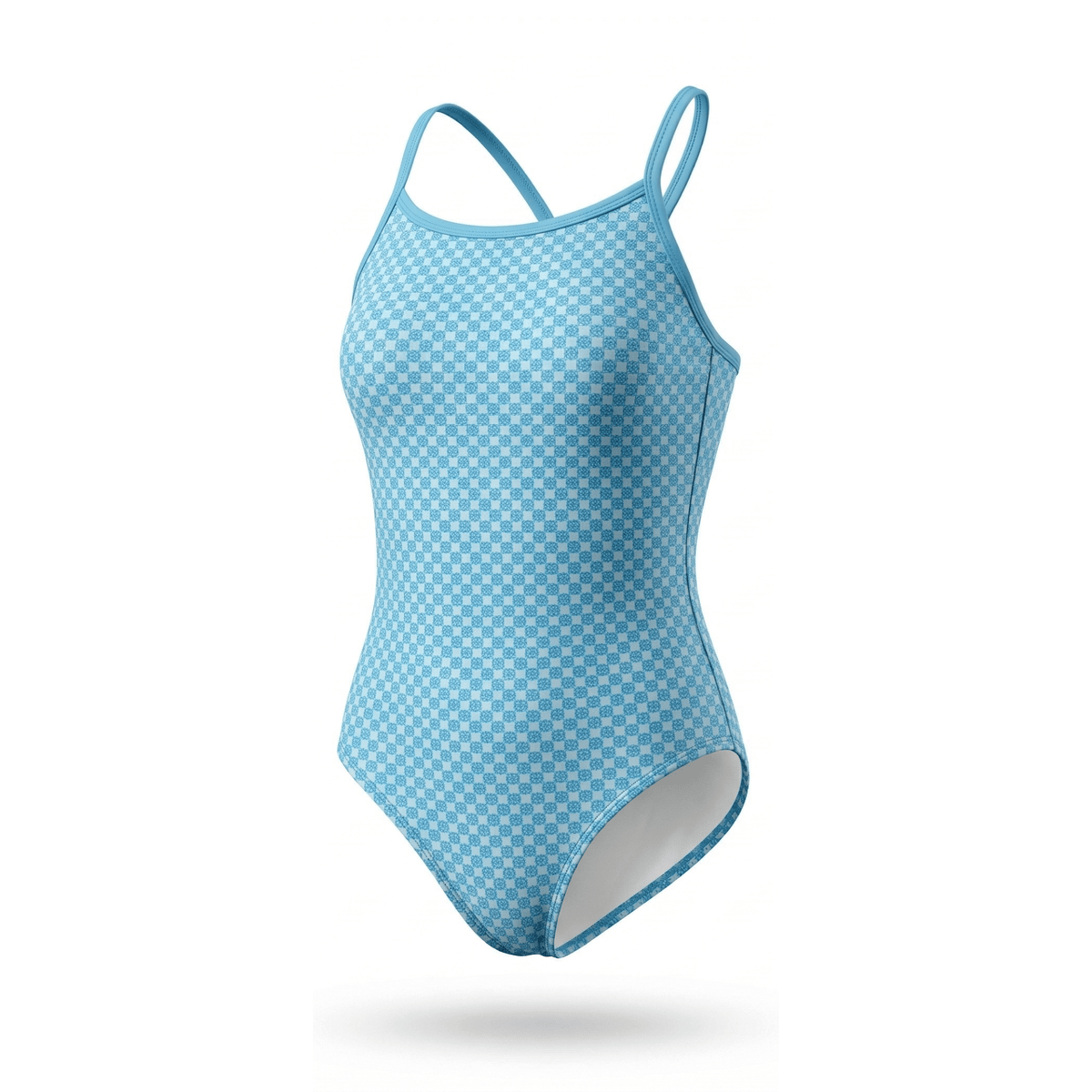 Kikx Extra Life Thin Strap Swimsuit in an Aegean Mediterranean Infiinity Design on Light Blue Background with Teal Blue Straps