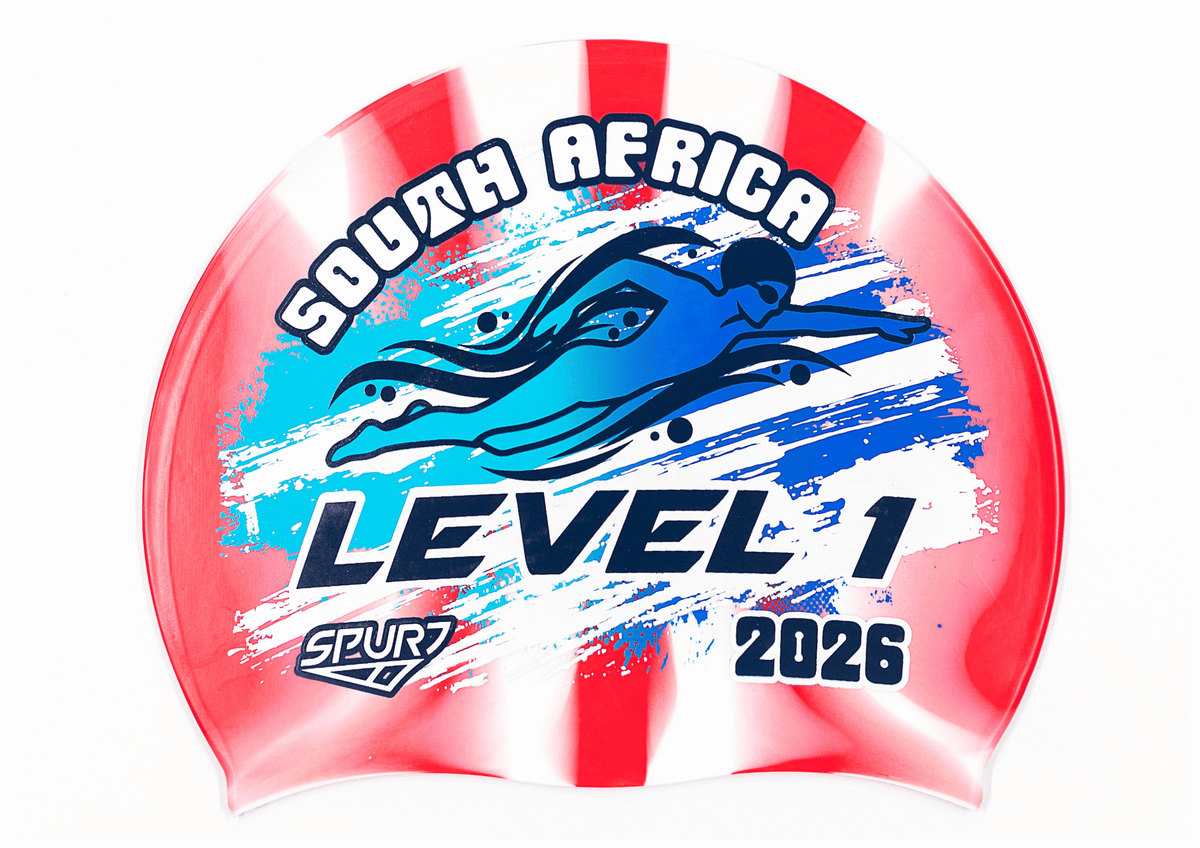 Level 1 2026 in Slanted Font and Grungy Brush on Mi139 Red &amp; White Vertical Stripes Spurt Silicone Swim Cap