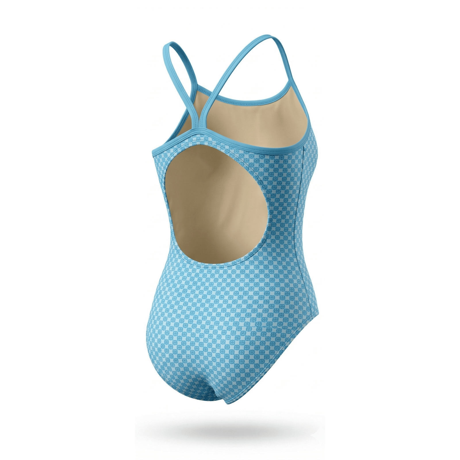 Kikx Extra Life Thin Strap Swimsuit in an Aegean Mediterranean Infiinity Design on Light Blue Background with Teal Blue Straps