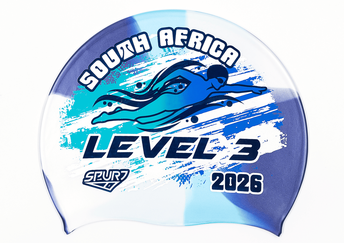 LEVEL 3 2026 in Slanted Font and Grungy Brush on MS150 Navy, Light Blue and Ice Blue Dappled Blend  Spurt Silicone Swim Cap