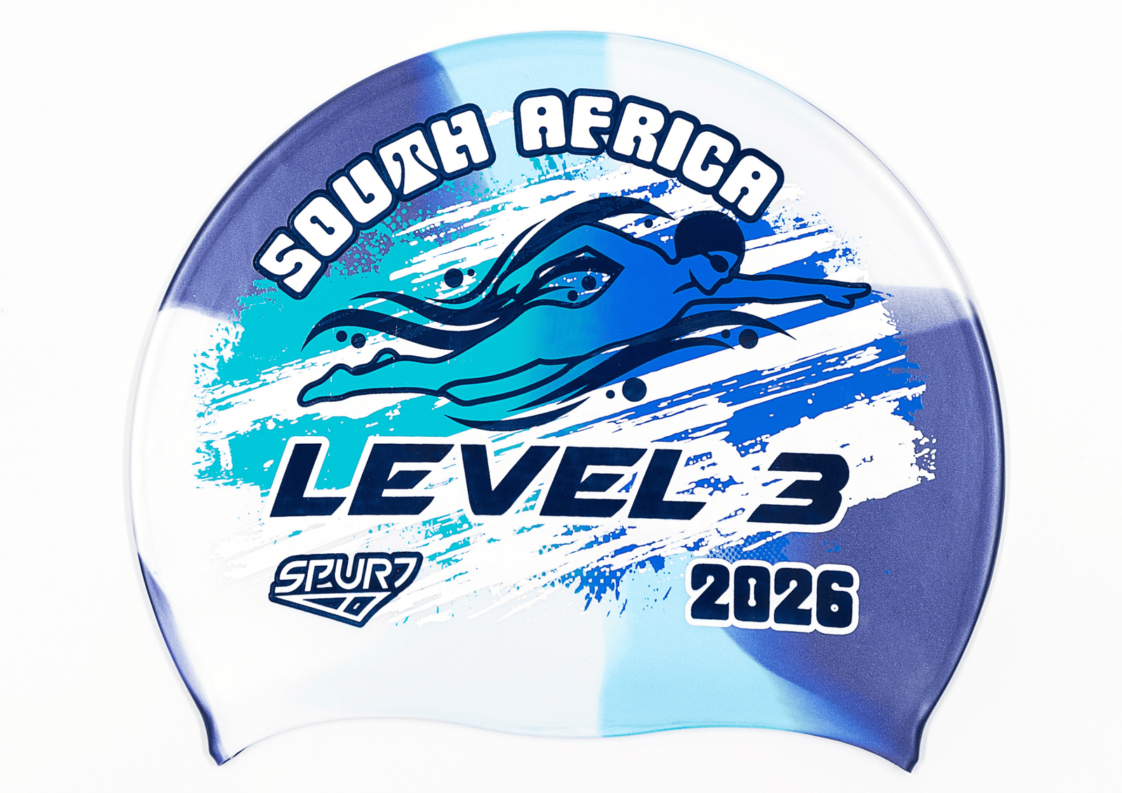 LEVEL 3 2026 in Slanted Font and Grungy Brush on MS150 Navy, Light Blue and Ice Blue Dappled Blend  Spurt Silicone Swim Cap