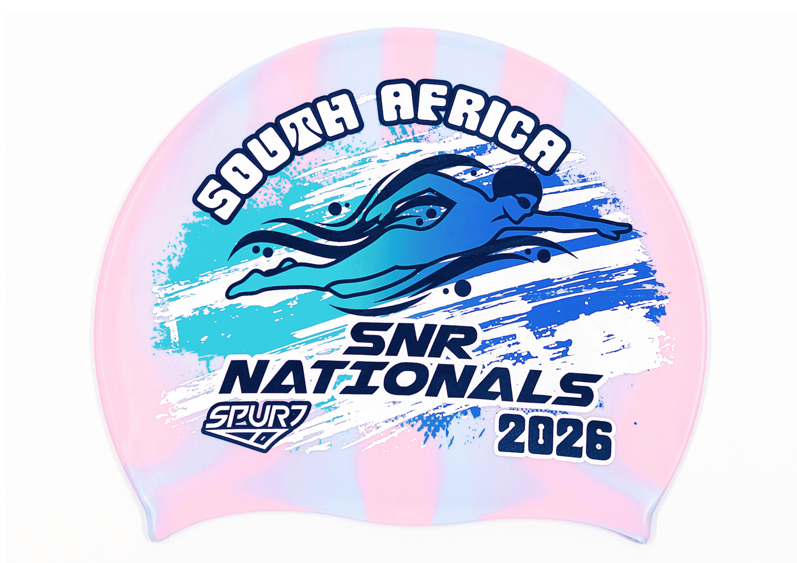 SANS 2026 in Slanted Font and Grungy Brush on Mi126 Light Pink and Light Blue Vertical Stripes  Spurt Silicone Swim Cap