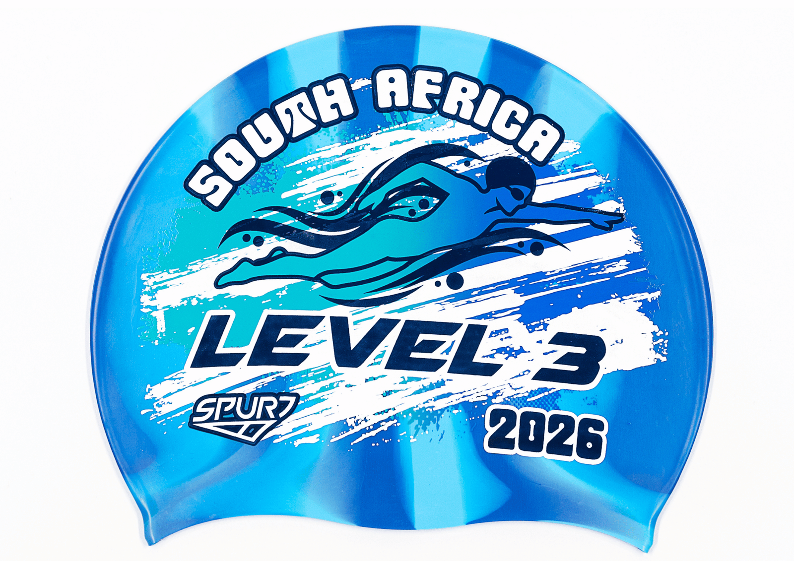 LEVEL 3 2026 in Slanted Font and Grungy Brush on Mi1 Dark Blue and Light Blue Vertical Stripes  Spurt Silicone Swim Cap
