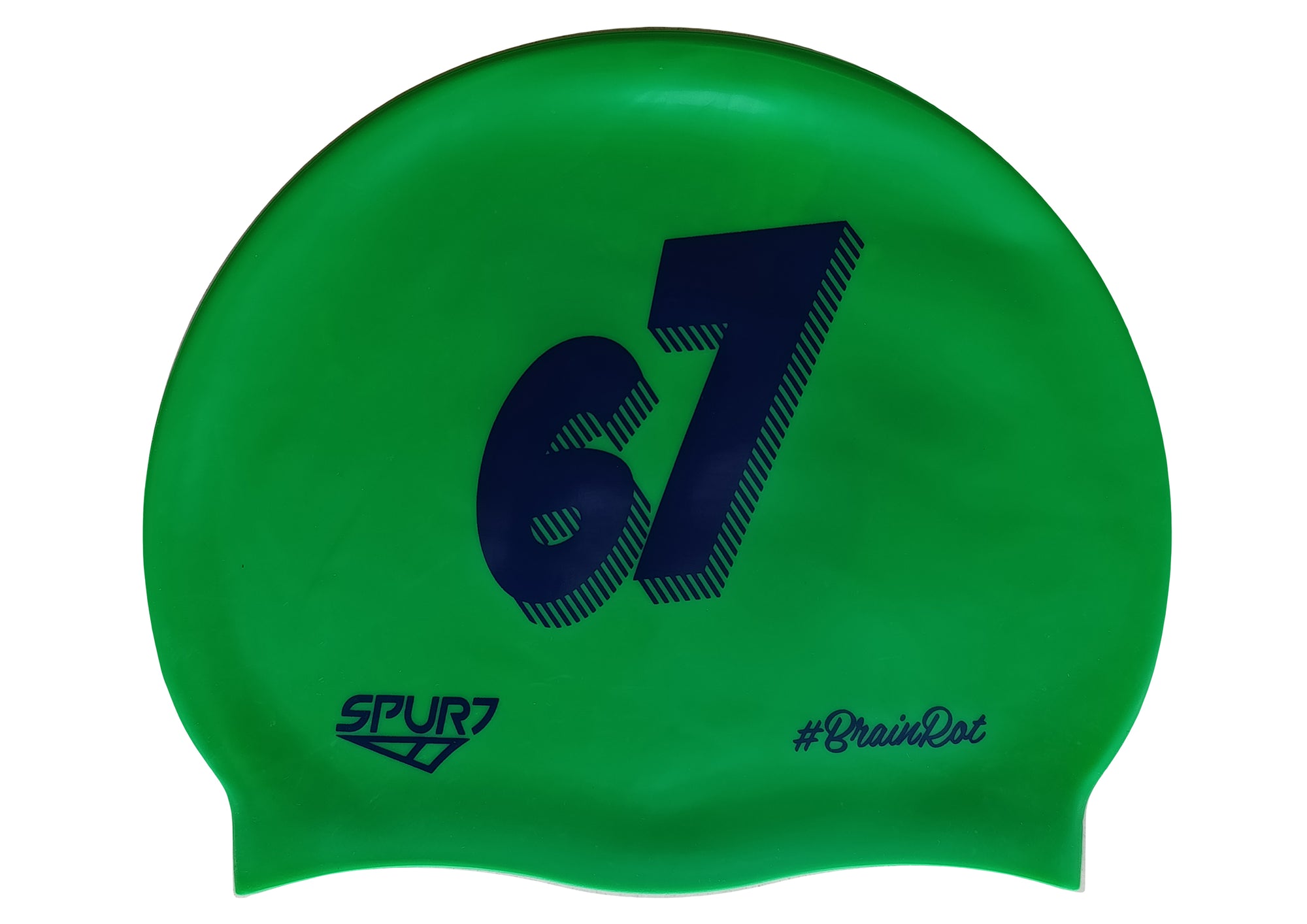 BrainRot 67 on F217 Mid Green Spurt Silicone Swim Cap