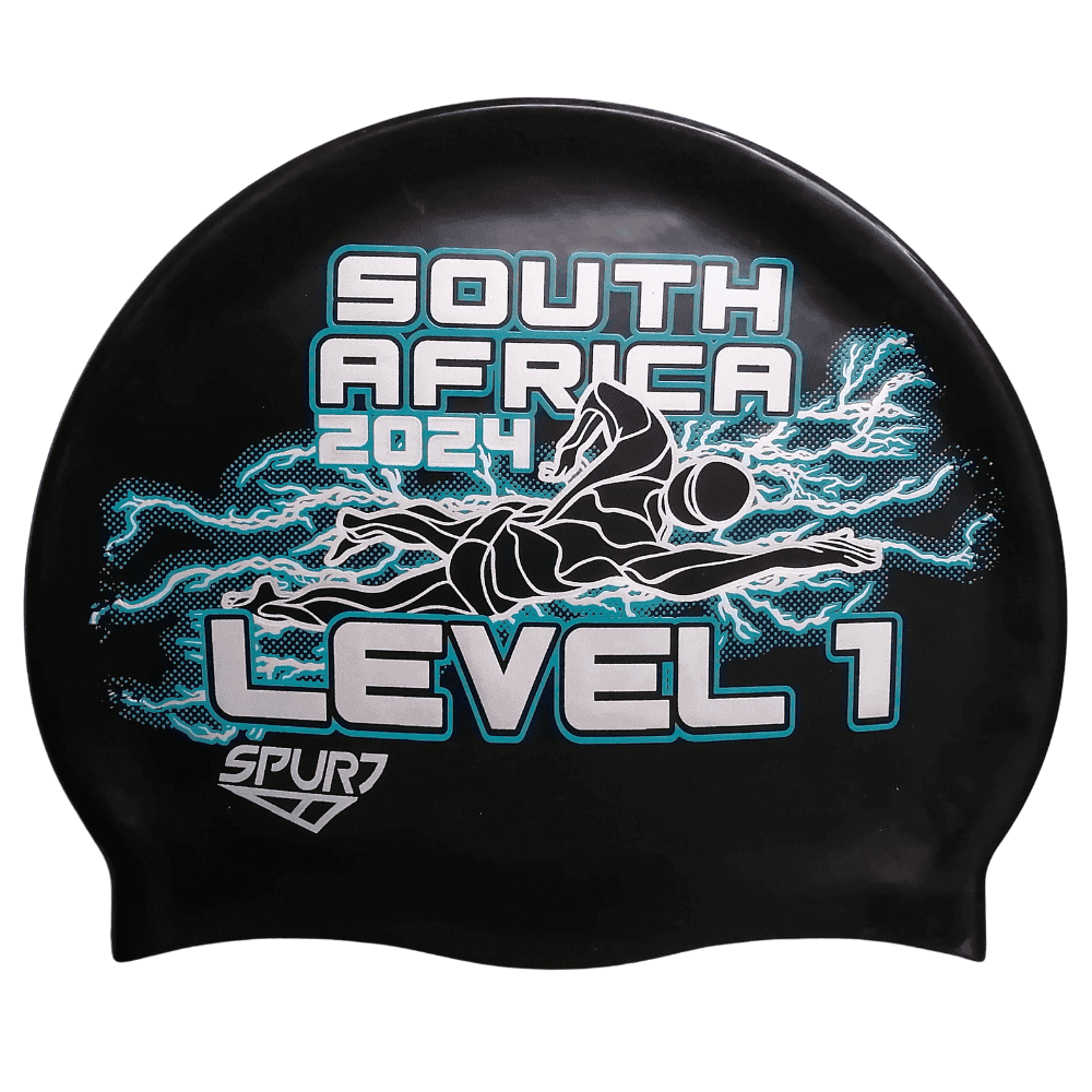 Level 1 2024 Lightning behind Swimmer on F209 Deep Black Spurt Silicone Swim Cap