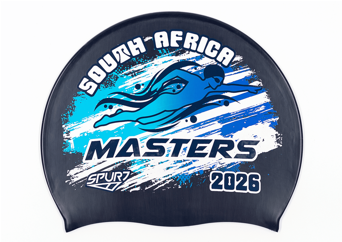 MASTERS 2026 in Slanted Font and Grungy Brush on F248 Midnight Navy Spurt Silicone Swim Cap