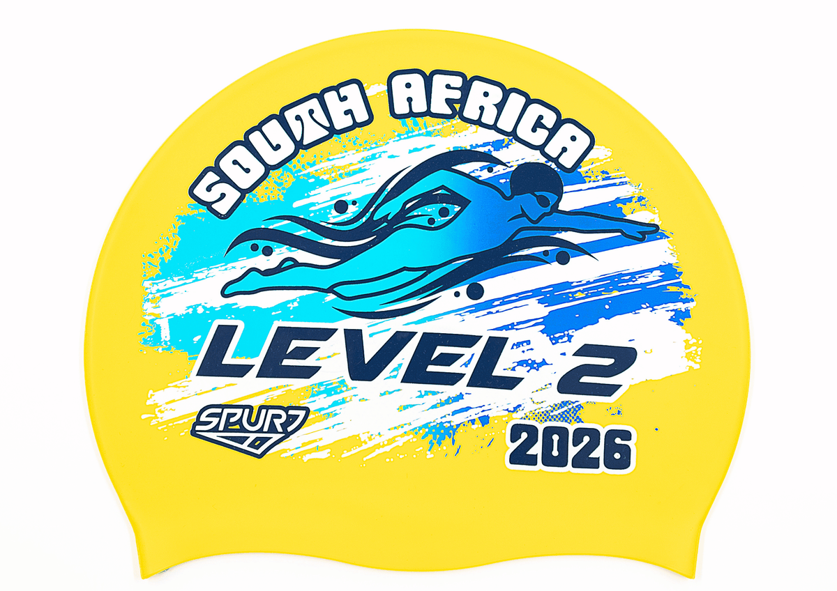 LEVEL 2 2026 in Slanted Font and Grungy Brush on SC17 Sunflower Yellow  Spurt Silicone Swim Cap