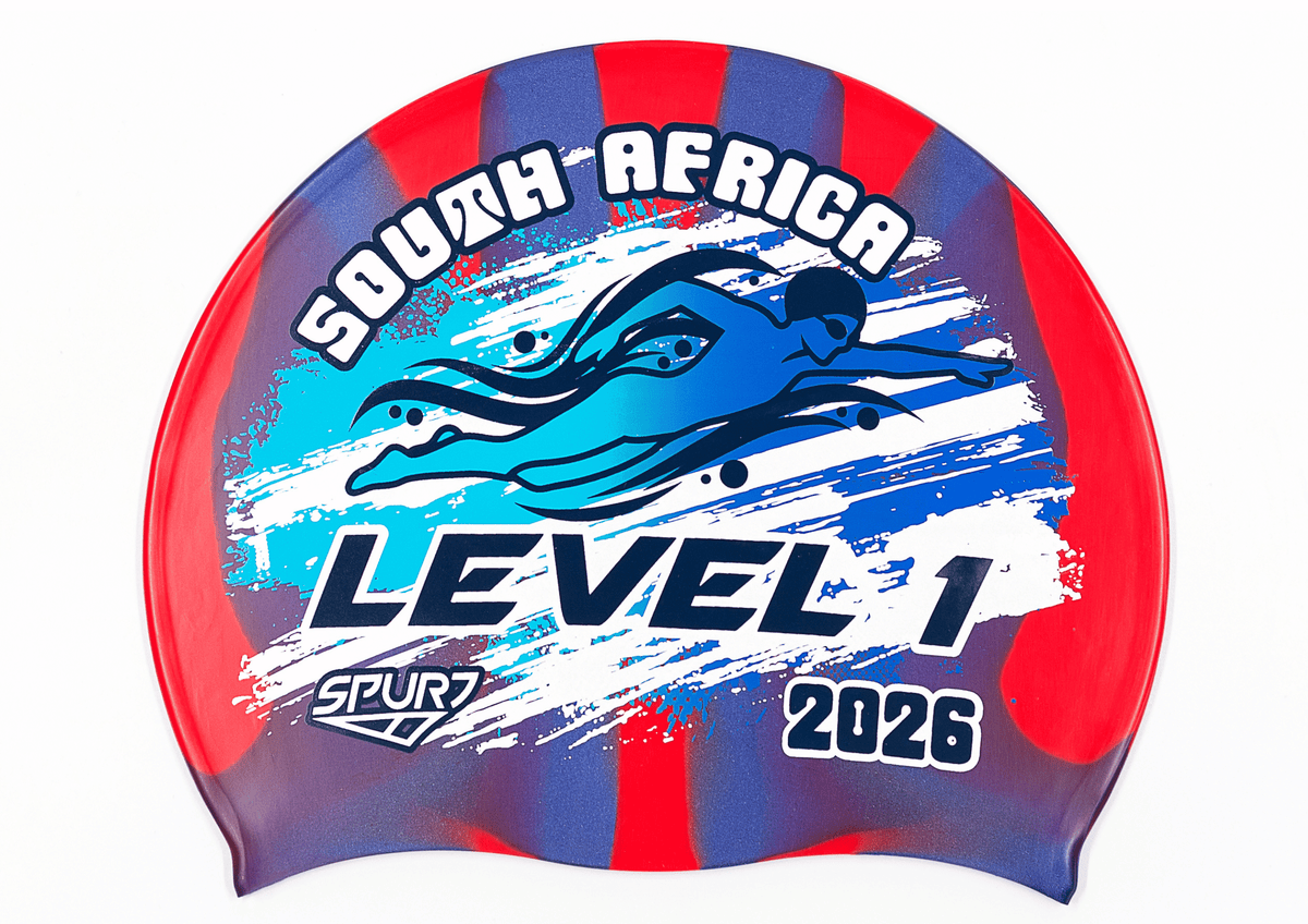 Level 1 2026 in Slanted Font and Grungy Brush on Mi120 Red &amp; Navy Vertical Stripes Spurt Silicone Swim Cap