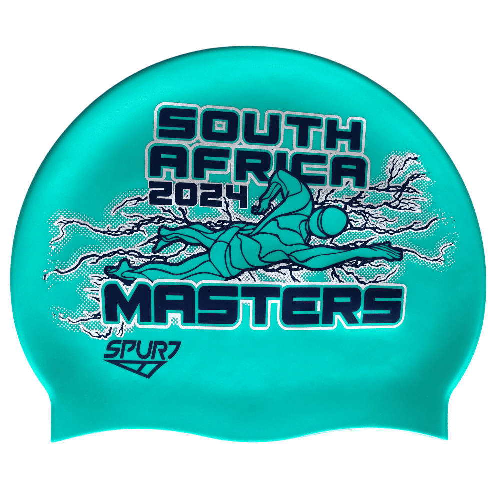 Masters 2024 Lightning behind Swimmer on SD24 Turquoise Green Spurt Silicone Swim Cap