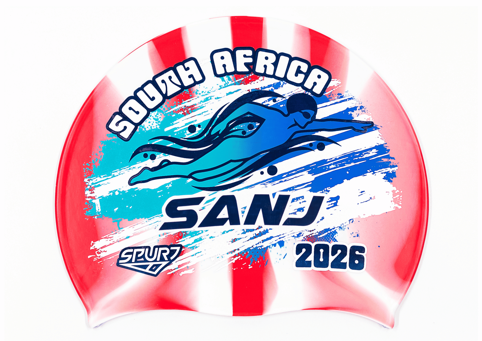 SANJ 2026 in Slanted Font and Grungy Brush on Mi139 Red and White Vertical Stripes  Spurt Silicone Swim Cap