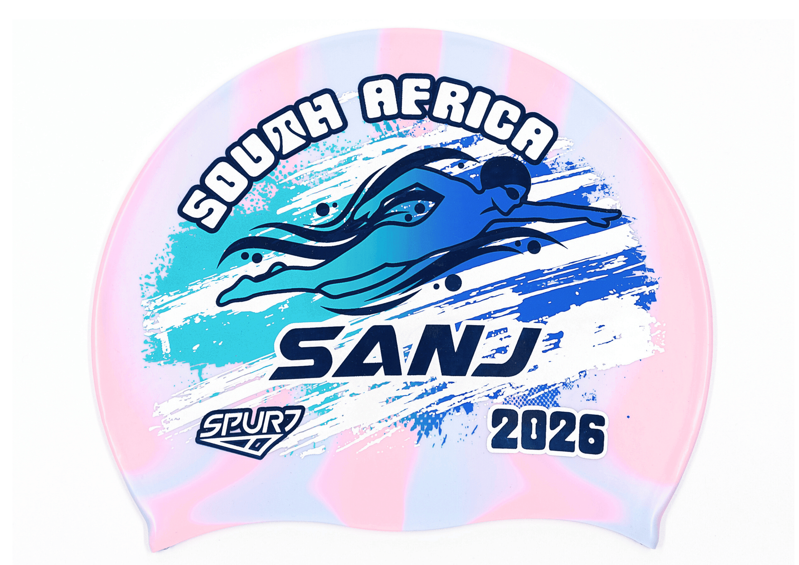 SANJ 2026 in Slanted Font and Grungy Brush on Mi126 Light Pink and Light Blue Vertical Stripes  Spurt Silicone Swim Cap