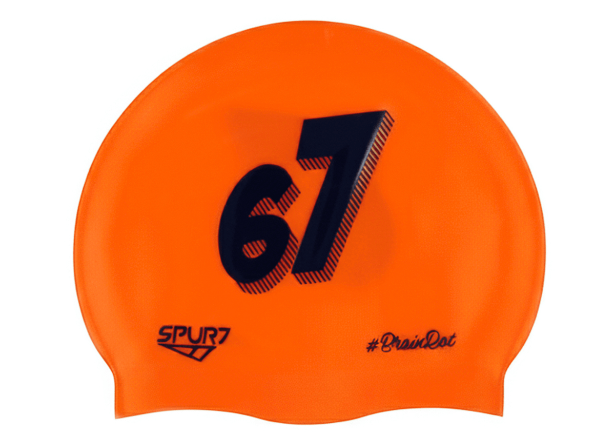 BrainRot 67 on F214 Neon Coral Spurt Silicone Swim Cap