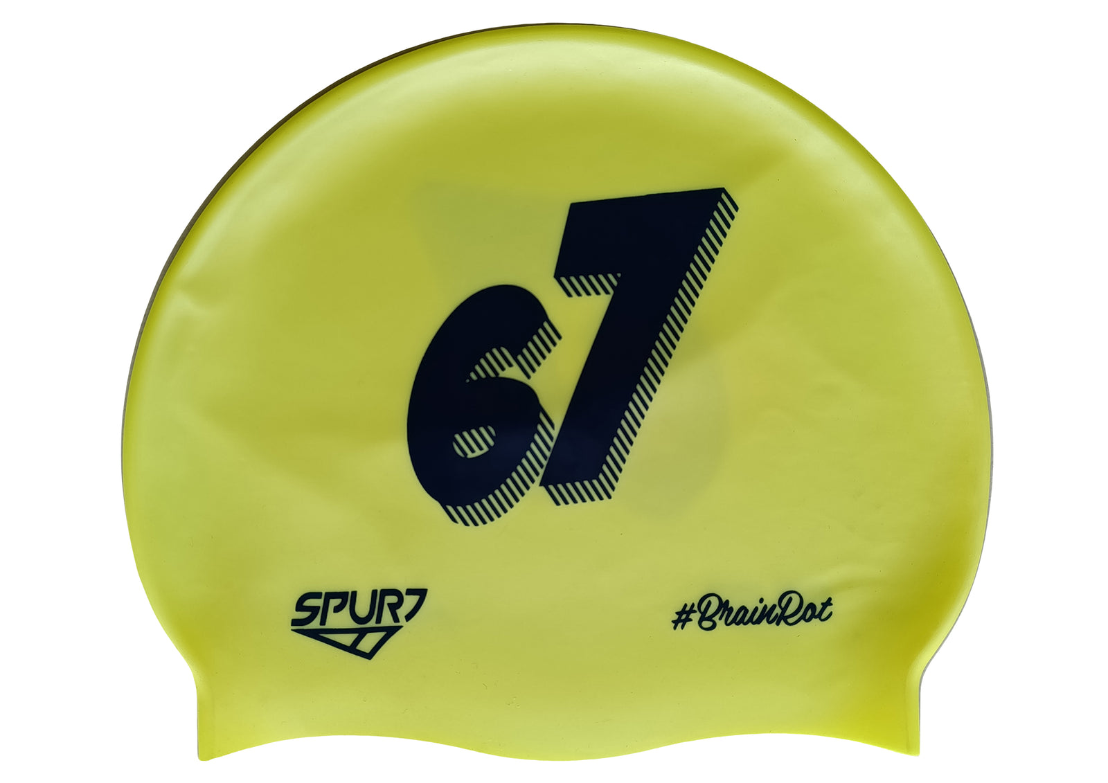 BrainRot 67 on SA17 Pale Neon Yellow Spurt Silicone Swim Cap