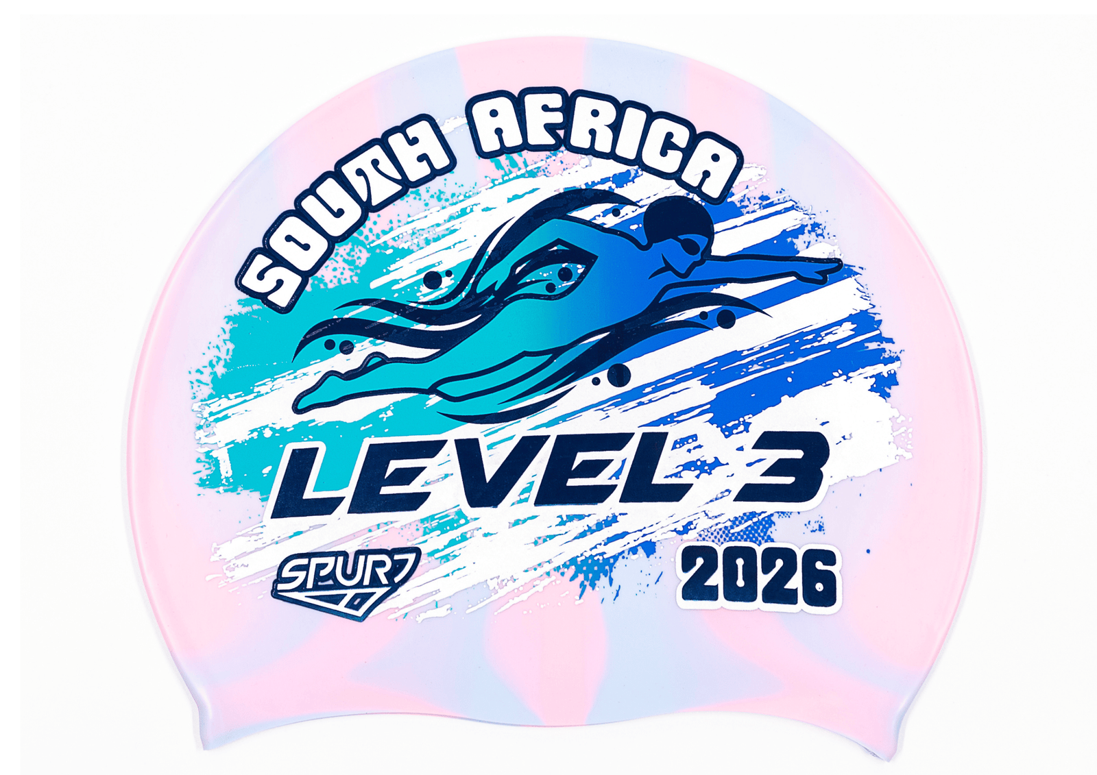 LEVEL 3 2026 in Slanted Font and Grungy Brush on Mi126 Light Pink and Light Blue Vertical Stripes  Spurt Silicone Swim Cap