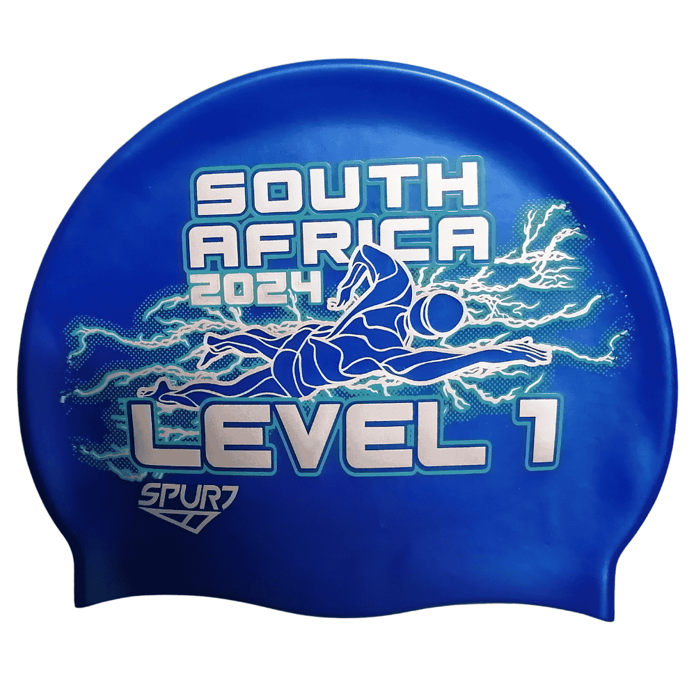 Level 1 2024 Lightning behind Swimmer on SH71 Ocean Blue Spurt Silicone Swim Cap