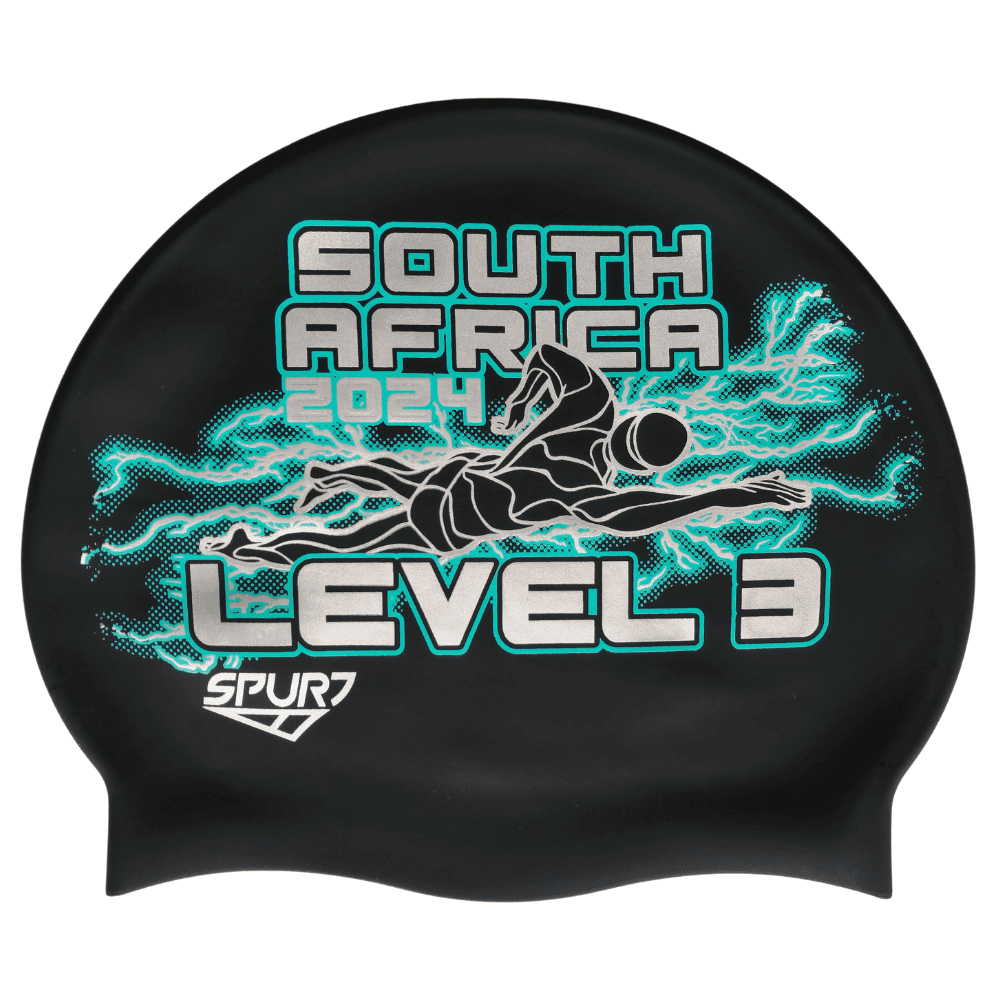 Level 3 2024 Lightning behind Swimmer on Matte Black Spurt Silicone Swim Cap