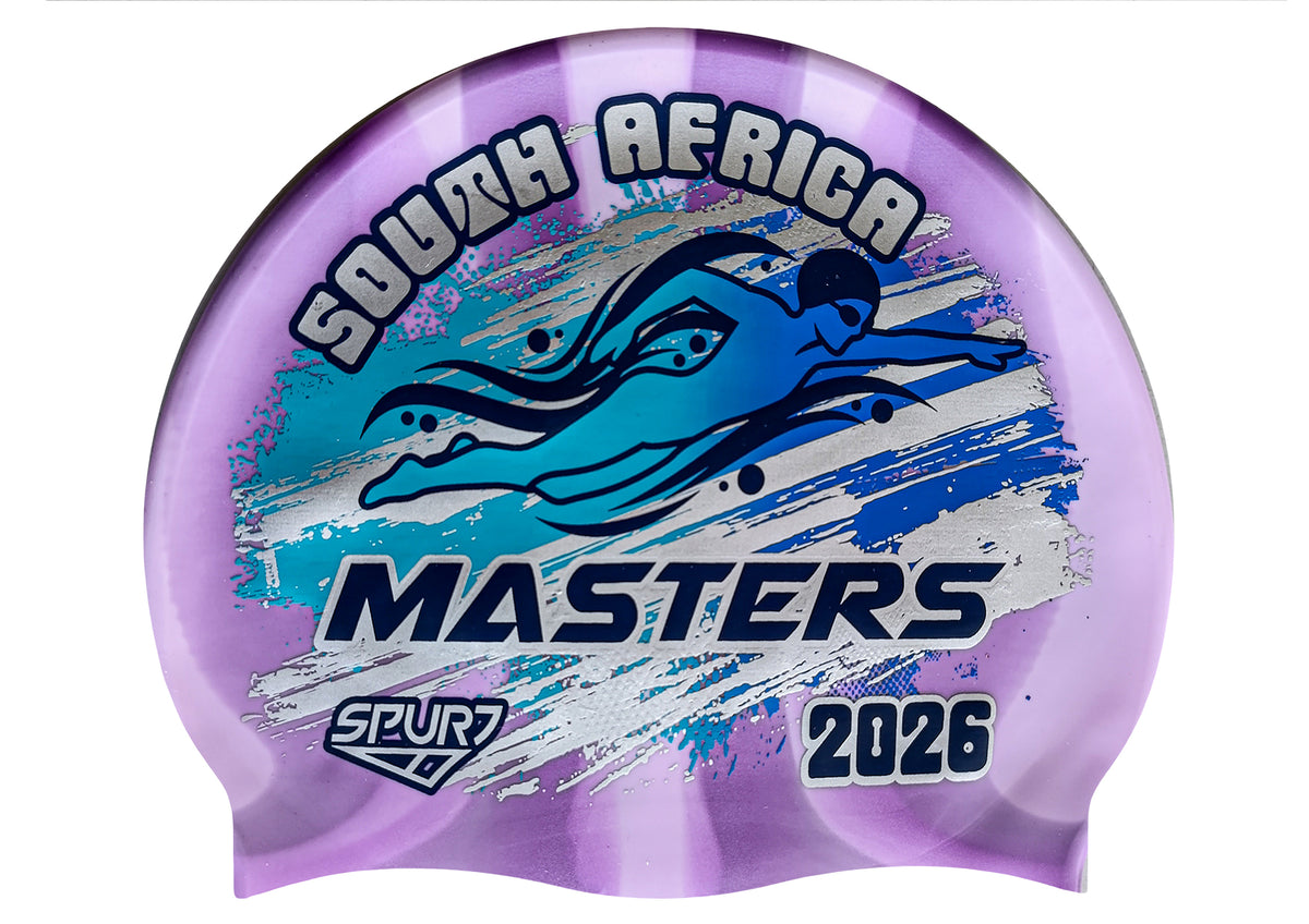 MASTERS 2026 in Slanted Font and Grungy Brush on Mi110 Violet &amp; Light Purple Vertical Stripes Spurt Silicone Swim Cap
