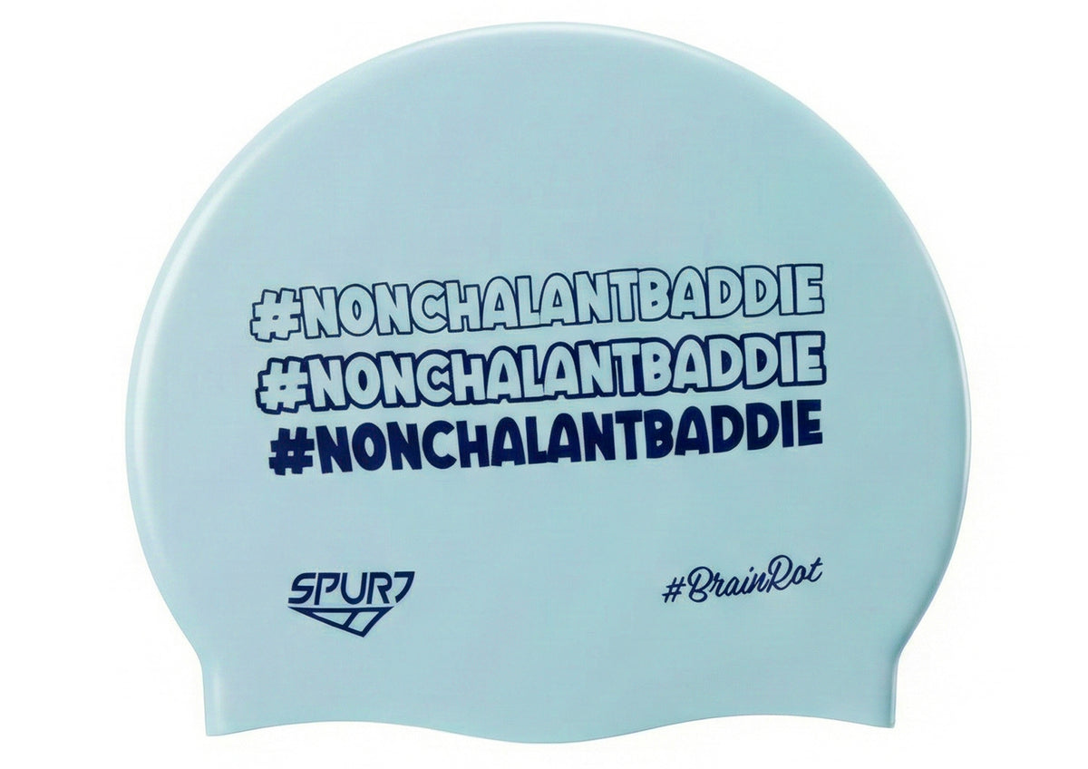 BrainRot Nonchalantbaddie on G101 Pale Blue Spurt Silicone Swim Cap