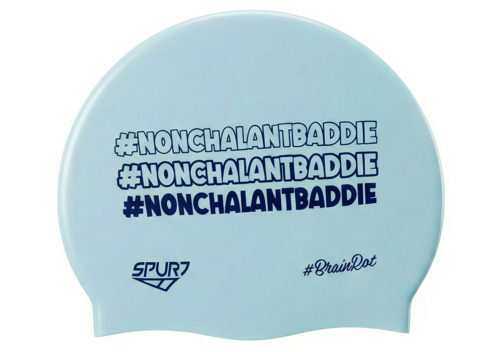 BrainRot Nonchalantbaddie on G101 Pale Blue Spurt Silicone Swim Cap