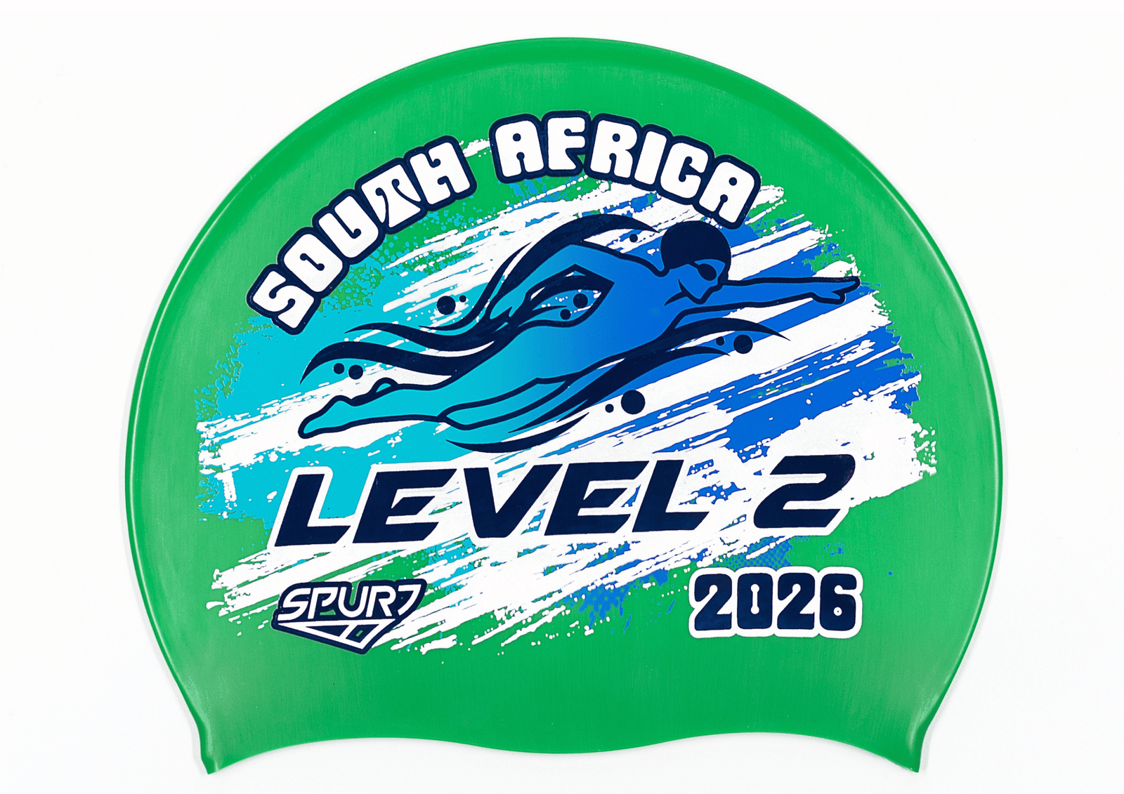 LEVEL 2 2026 in Slanted Font and Grungy Brush on F217 Mid Green  Spurt Silicone Swim Cap