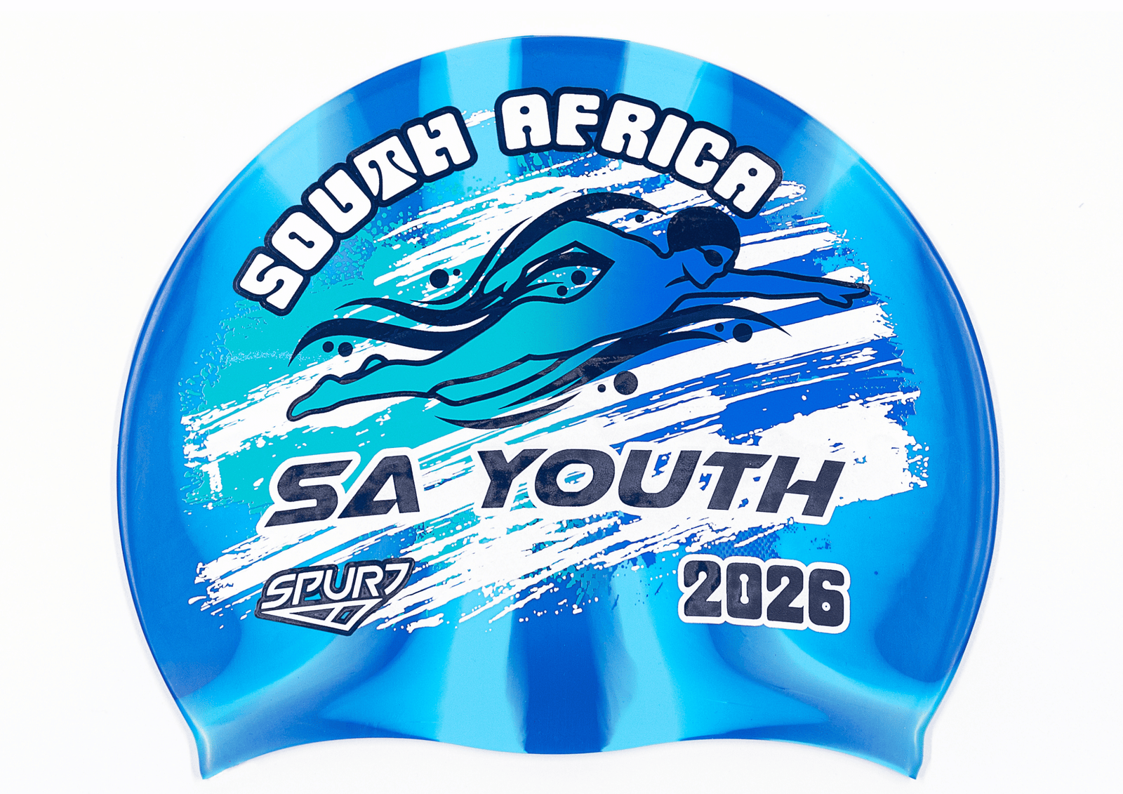 SA YOUTH 2026 in Slanted Font and Grungy Brush on Mi1 Dark Blue and Light Blue Vertical Stripes  Spurt Silicone Swim Cap