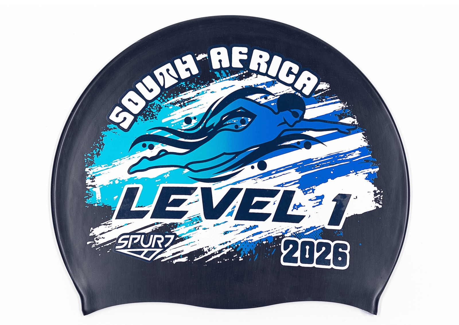 Level 1 2026 in Slanted Font and Grungy Brush on F248 Midnight Navy Spurt Silicone Swim Cap
