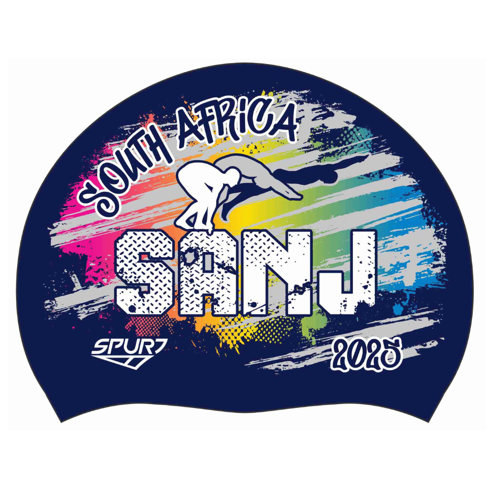 SANJ 2025 Rainbow blend behind diving Swimmer on F208 Dark Navy Spurt Silicone Swim Cap