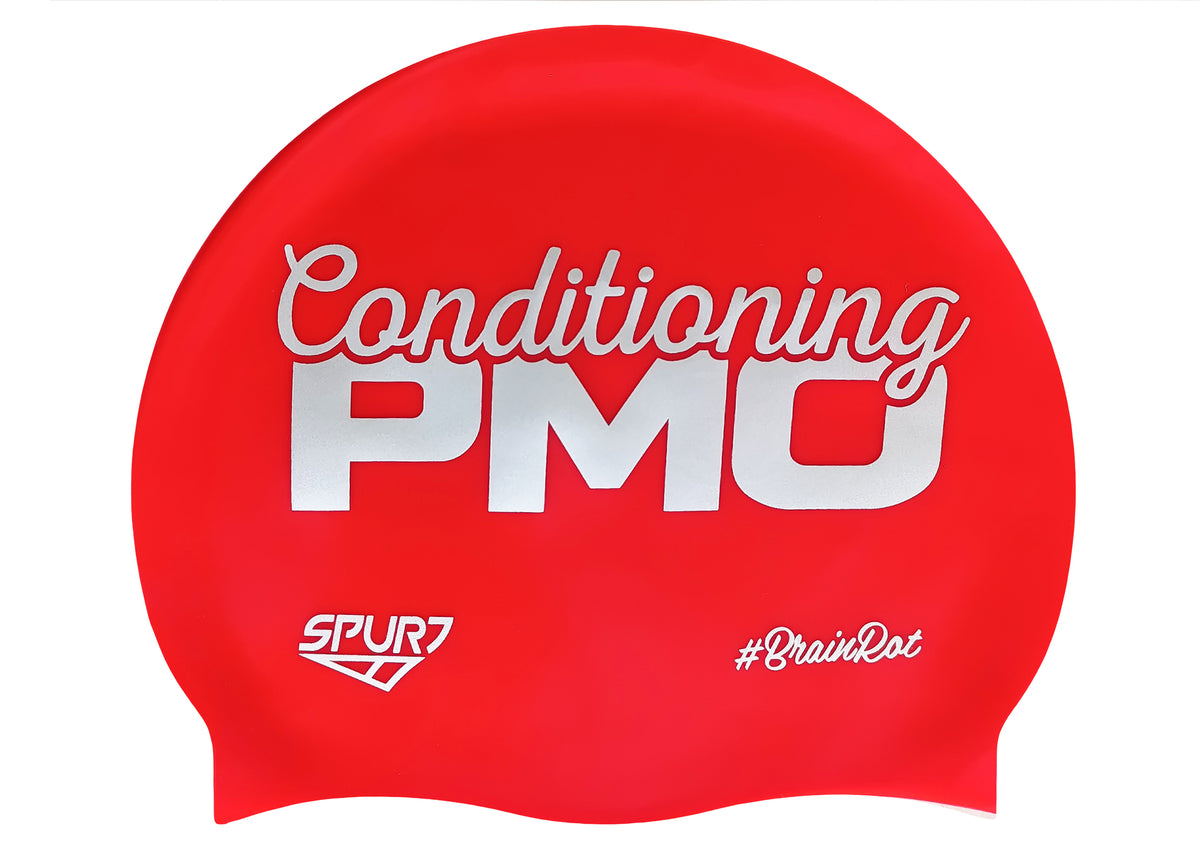 BrainRot Conditioning PMO on F246 Crimson Red Spurt Silicone Swim Cap