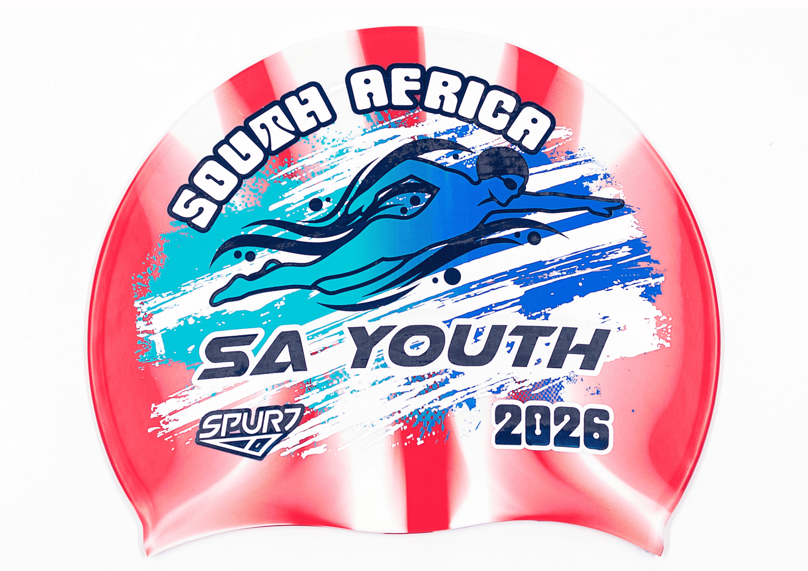 SA YOUTH 2026 in Slanted Font and Grungy Brush on Mi139 Red and White Vertical Stripes  Spurt Silicone Swim Cap