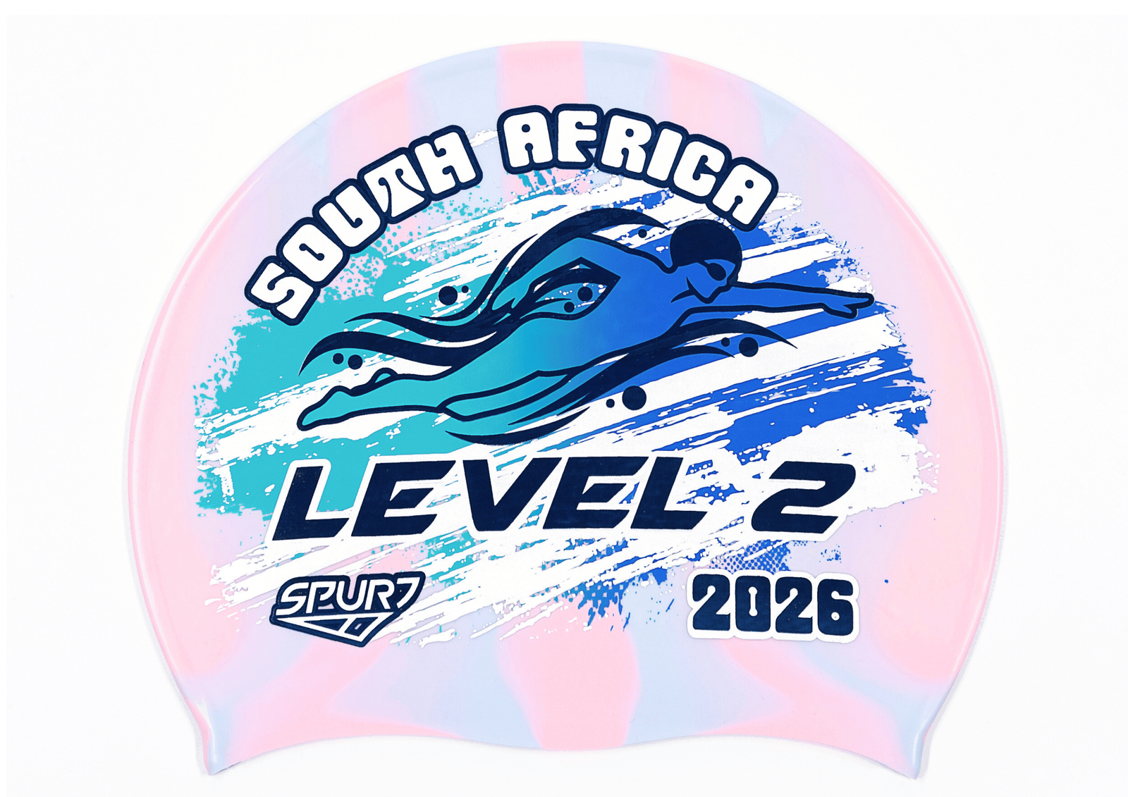 LEVEL 2 2026 in Slanted Font and Grungy Brush on Mi126 Light Pink and Light Blue Vertical Stripes  Spurt Silicone Swim Cap