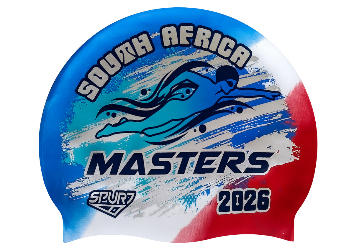 MASTERS 2026 in Slanted Font and Grungy Brush on FRA Blue, White and Red Diagonal Blend  Spurt Silicone Swim Cap