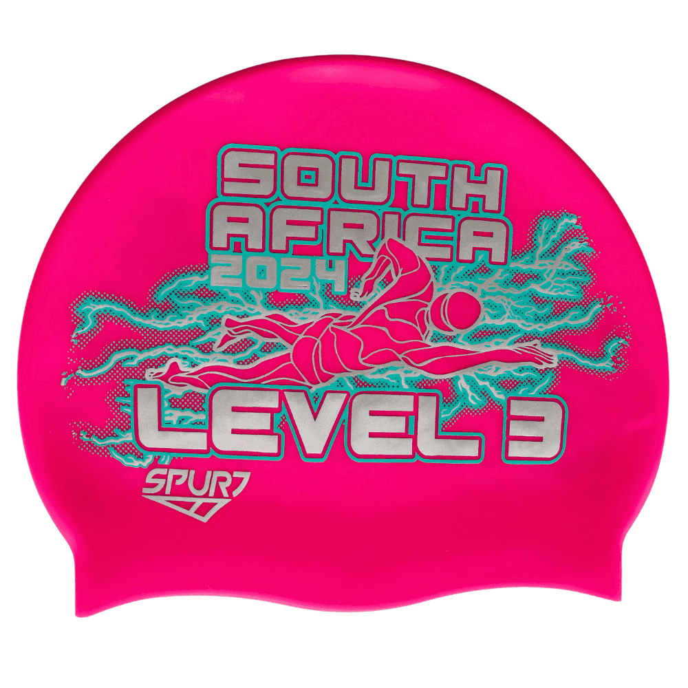 Level 3 2024 Lightning behind Swimmer on F215 Bright Pink Spurt Silicone Swim Cap