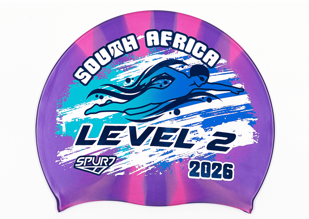 LEVEL 2 2026 in Slanted Font and Grungy Brush on Mi114 Dark Purple and Pink Vertical Stripes  Spurt Silicone Swim Cap