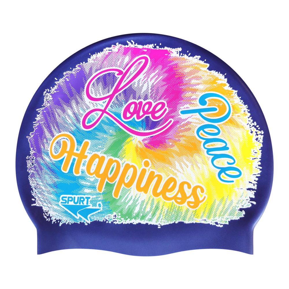 Peace, Love and Happiness over Tie-Dye Swirl on SD16 Metallic Navy Spurt Silicone Swim Cap