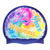 Peace, Love and Happiness over Tie-Dye Swirl on SD16 Metallic Navy Spurt Silicone Swim Cap