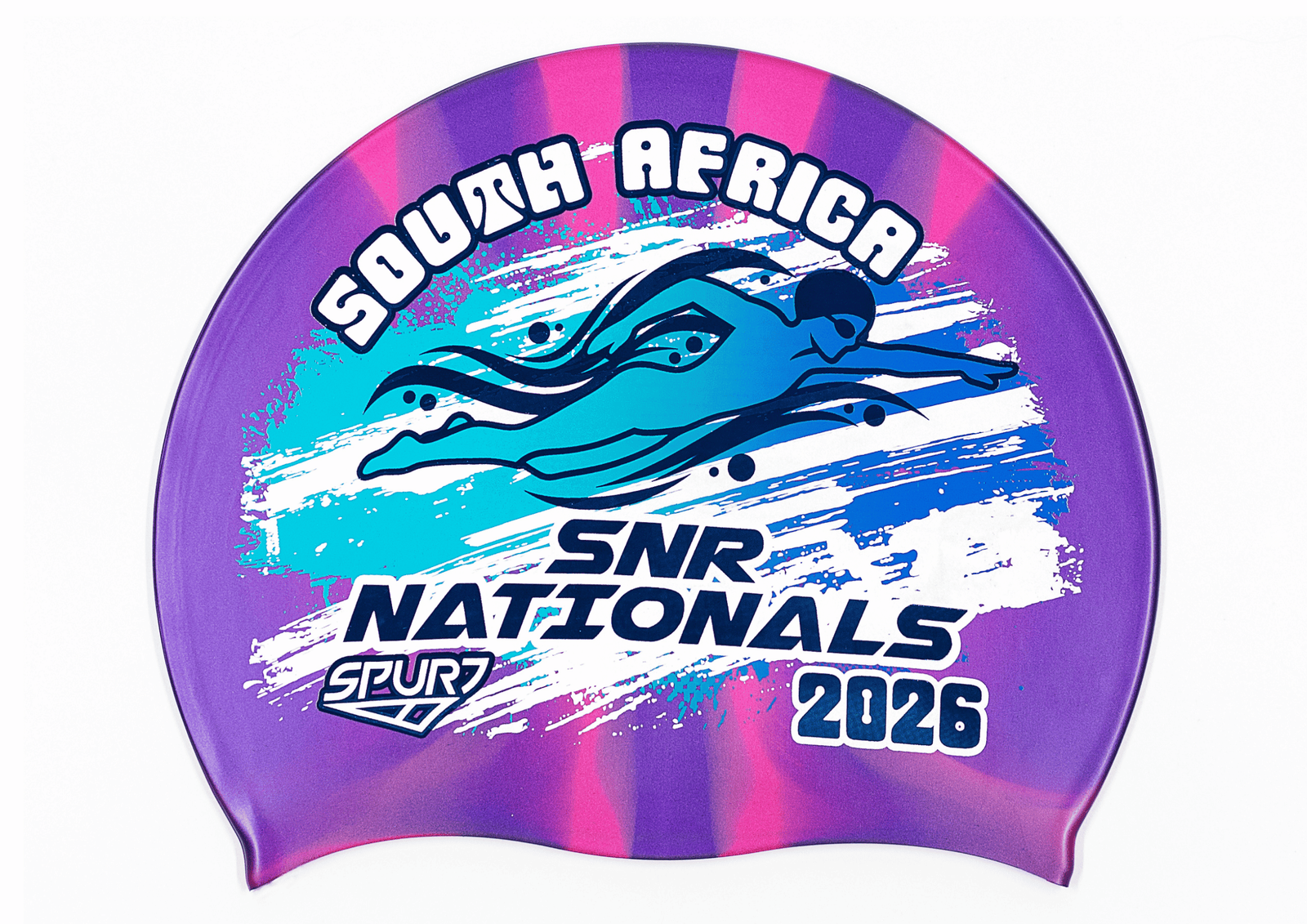 SANS 2026 in Slanted Font and Grungy Brush on Mi114 Dark Purple and Pink Vertical Stripes  Spurt Silicone Swim Cap
