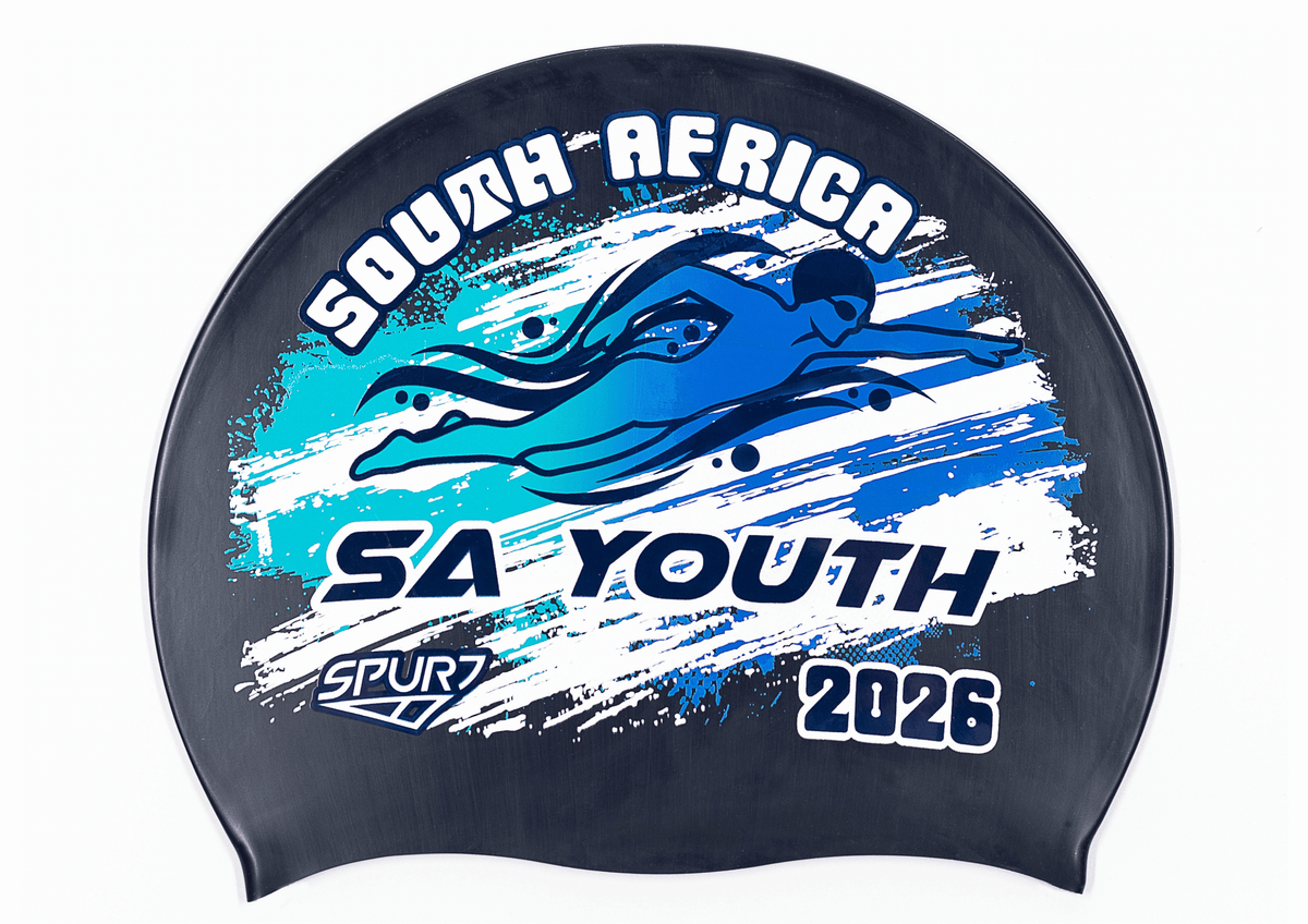 SA YOUTH 2026 in Slanted Font and Grungy Brush on F248 Midnight Navy  Spurt Silicone Swim Cap