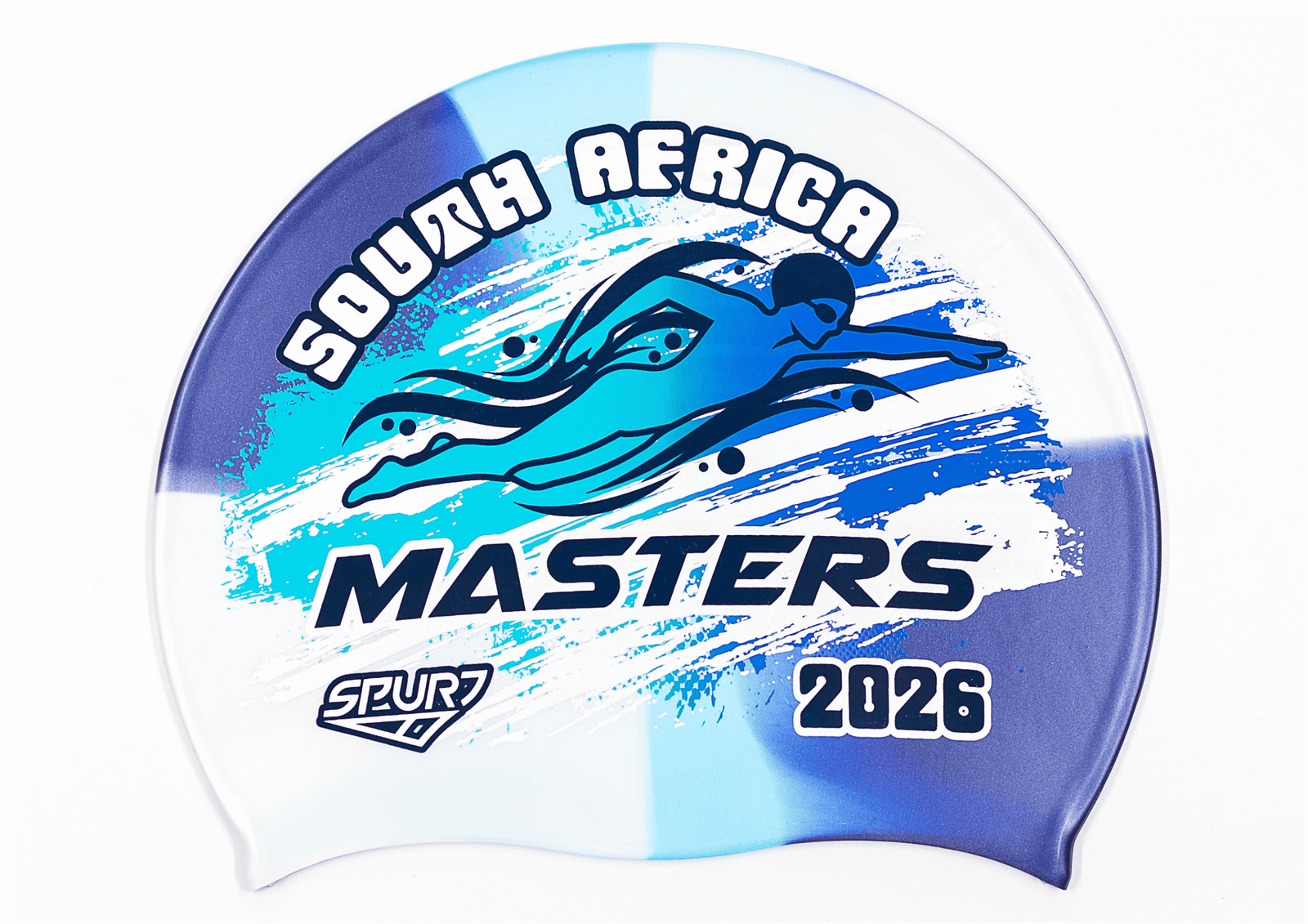 MASTERS 2026 in Slanted Font and Grungy Brush on MS150 Navy, Light Blue and Ice Blue Dappled Blend  Spurt Silicone Swim Cap