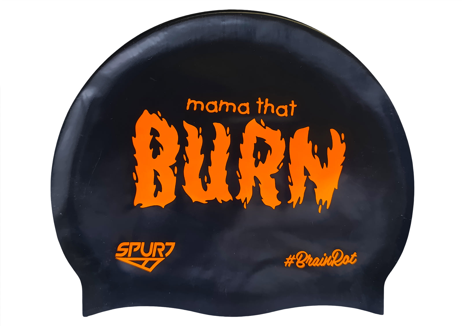 BrainRot Mama That Burn on F209 Deep Black Spurt Silicone Swim Cap