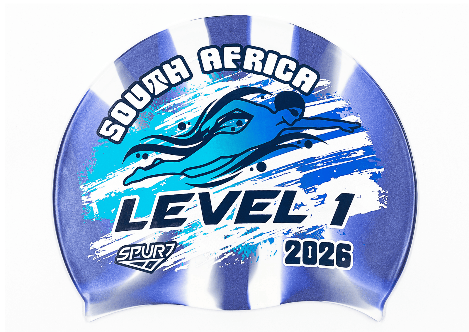 Level 1 2026 in Slanted Font and Grungy Brush on Mi138 Navy & White Vertical Stripes Spurt Silicone Swim Cap