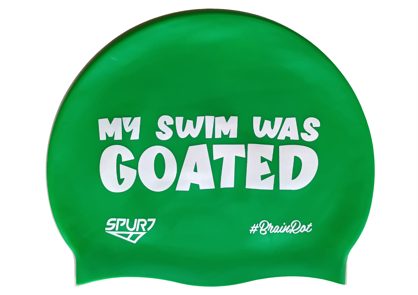 BrainRot My Swim Was Goated on F217 Mid Green Spurt Silicone Swim Cap