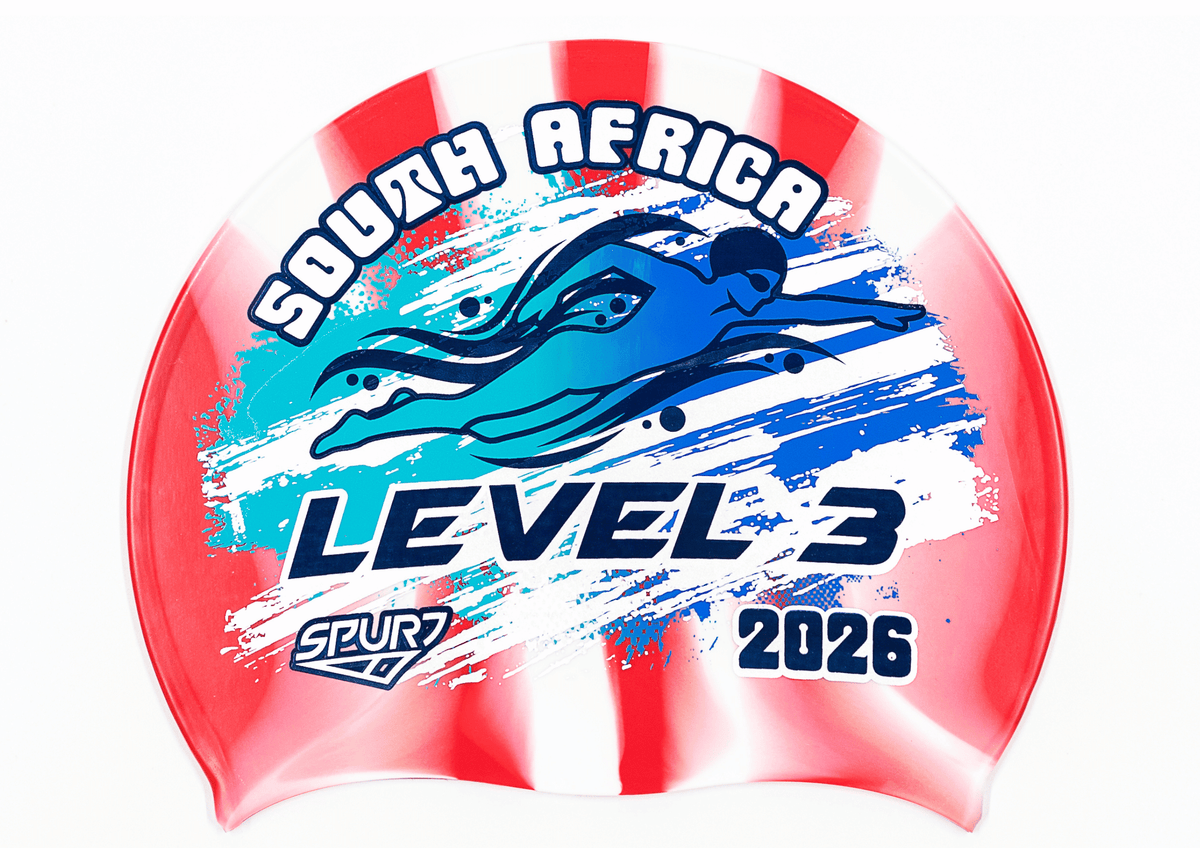 LEVEL 3 2026 in Slanted Font and Grungy Brush on Mi139 Red and White Vertical Stripes  Spurt Silicone Swim Cap