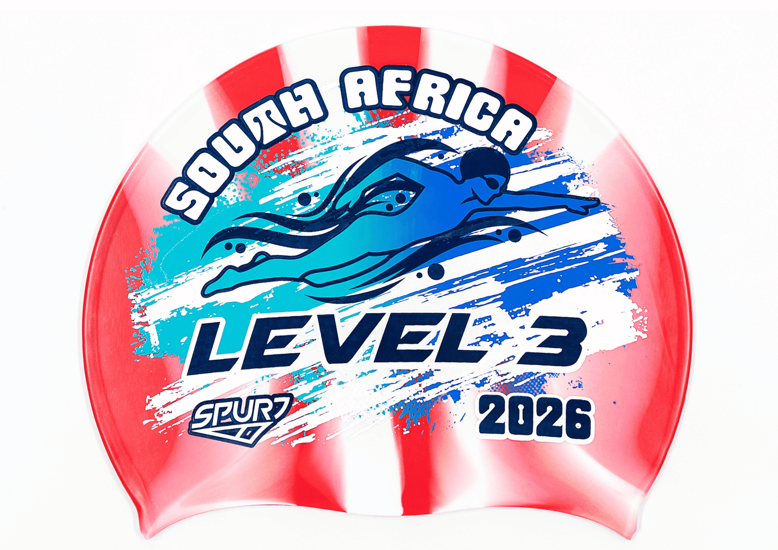 LEVEL 3 2026 in Slanted Font and Grungy Brush on Mi139 Red and White Vertical Stripes  Spurt Silicone Swim Cap
