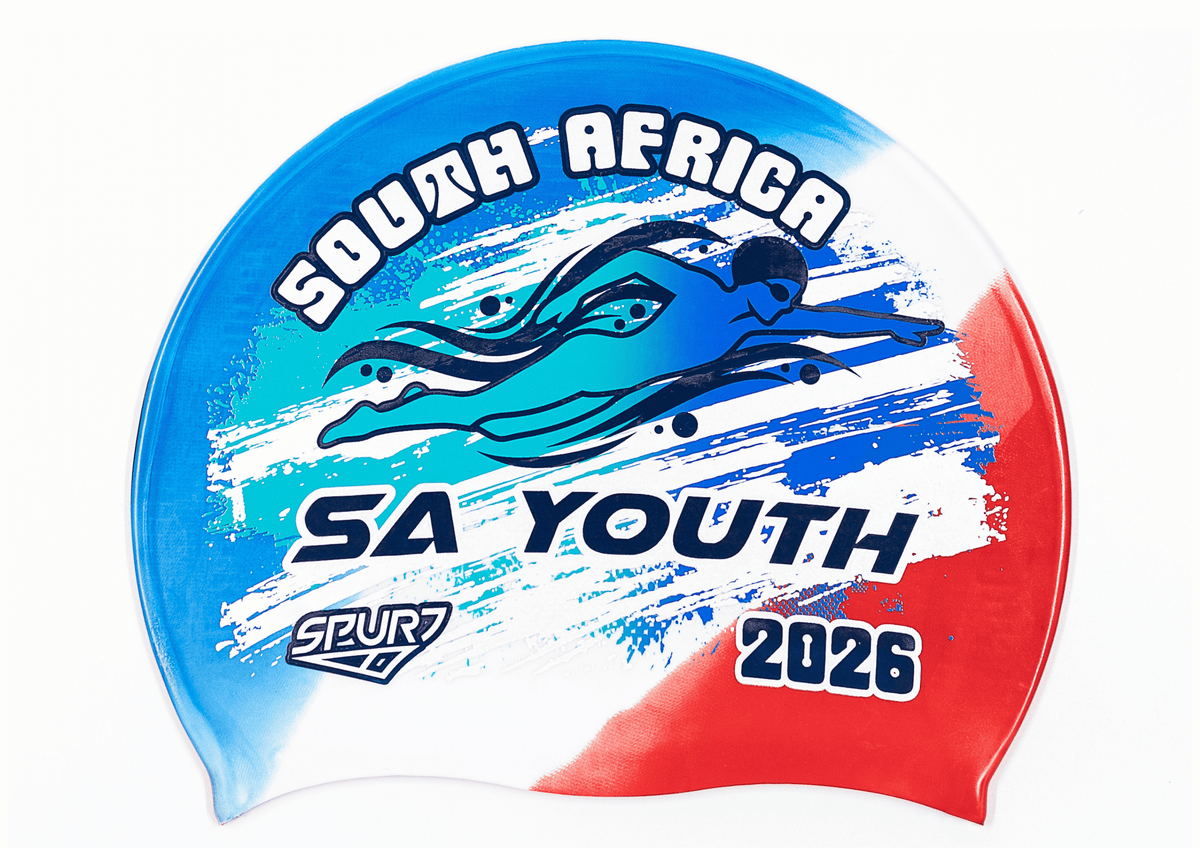 SA YOUTH 2026 in Slanted Font and Grungy Brush on FRA Blue, White and Red Diagonal Blend  Spurt Silicone Swim Cap