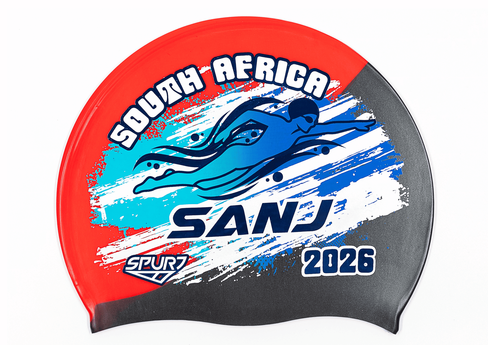 SANJ 2026 in Slanted Font and Grungy Brush on MW92 Red and Black Diagonal Blend  Spurt Silicone Swim Cap