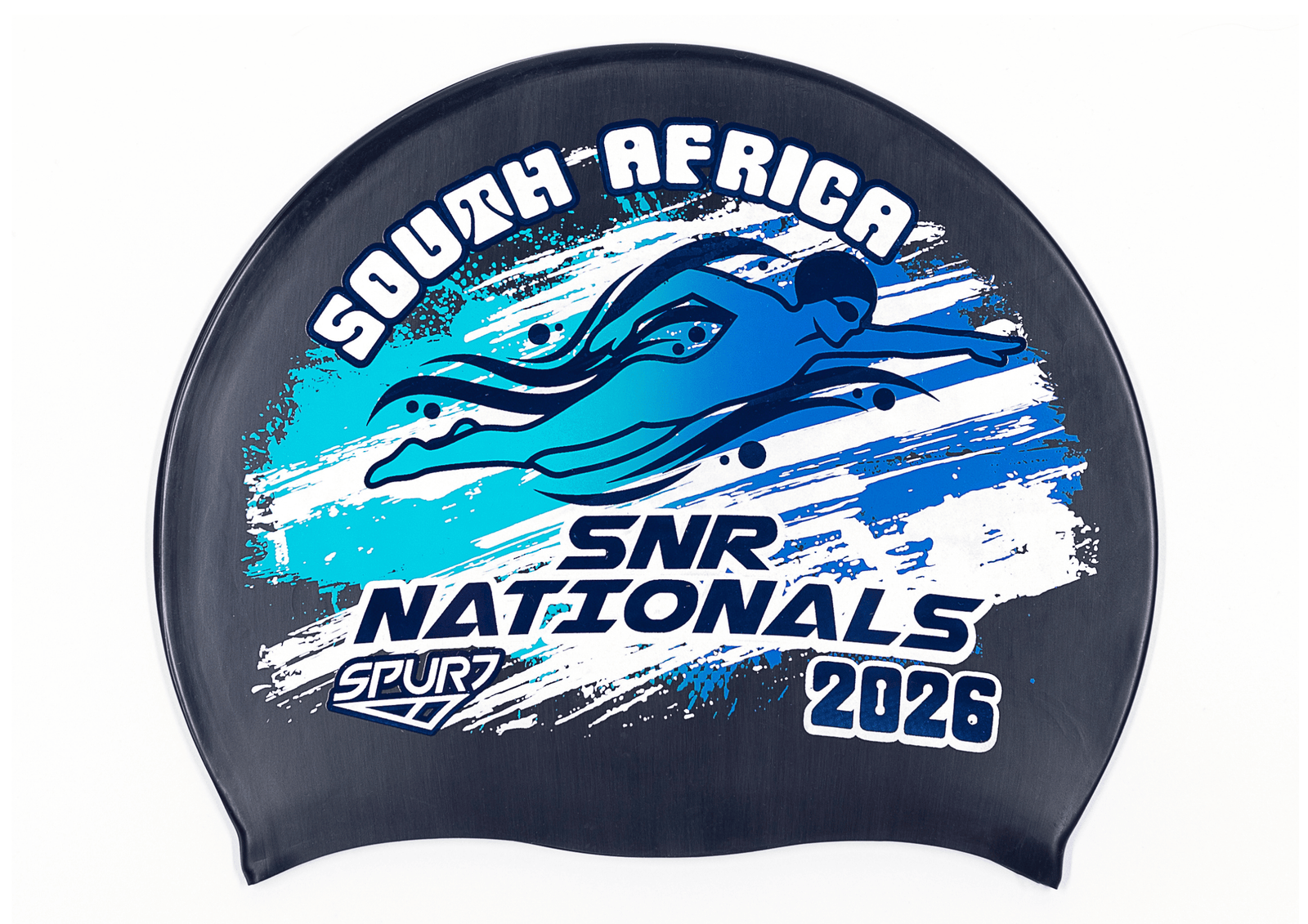 SANS 2026 in Slanted Font and Grungy Brush on F248 Midnight Navy  Spurt Silicone Swim Cap