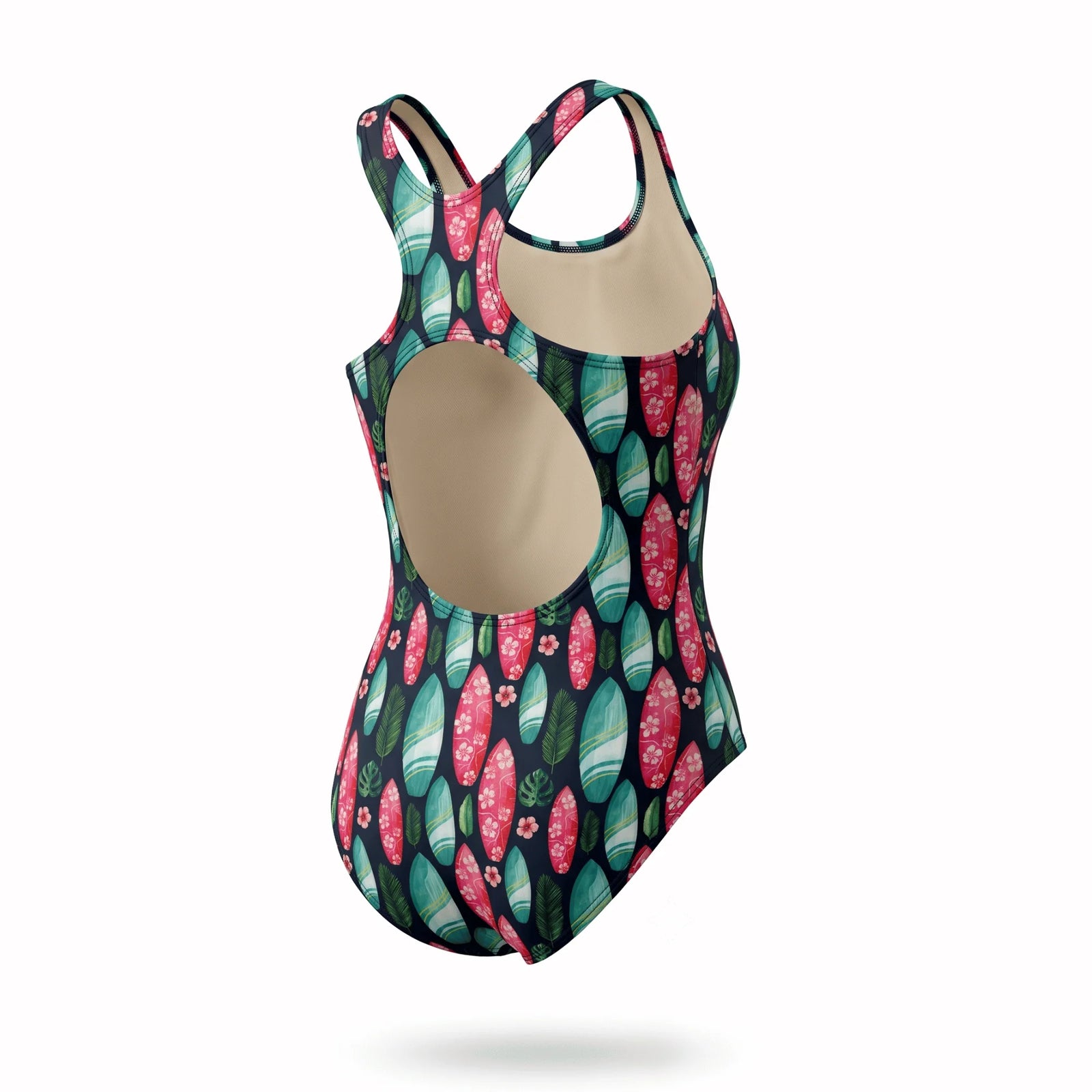 Kikx Extra Life Fastback Swimsuit in Island Vibe print on Black Background